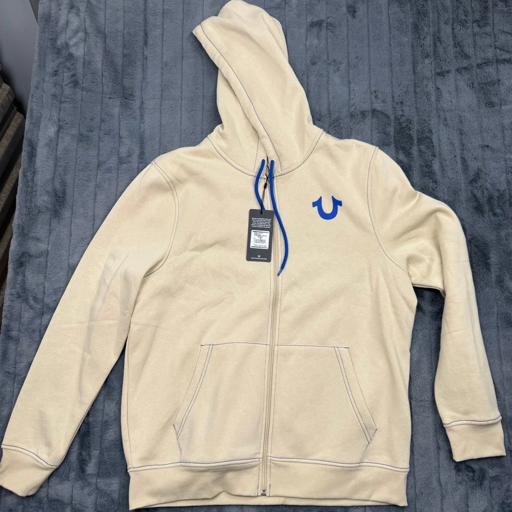 True Religion Mens Contrast TR Zip Hoodie Fog Beige Blue Buddha Logo 701400 XL